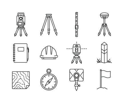Land survey equipment on tripod. Line outline icon set of Land survey equipment on tripod: total station, surveying tripod, measuring rod, GPS receiver, field notebook, construction helmet, laser
