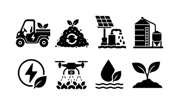 Eco friendly farm technology. Filled icon set of Eco friendly farm technology: electric farm vehicle, compost pile, solar powered pump, grain silo, clean energy lightning bolt, farm drone, sustainable