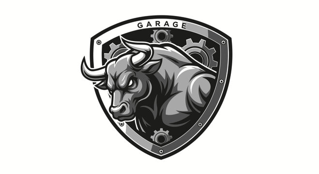 Aggressive Bull Mascot Garage Shield Emblem Logo