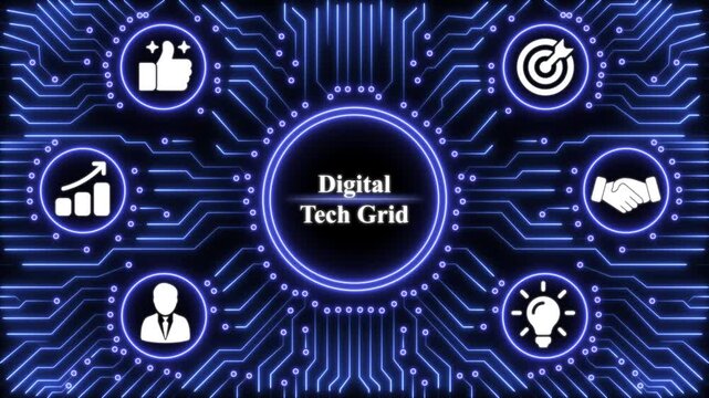 Digital tech grid concept featuring glowing blue circuitry lines and circular on a dark background