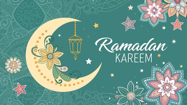 Ramadan kareem greeting card with crescent moon and floral patterns on green background
