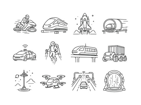 Sci-fi transportation systems. Line outline icon set of Sci-fi transportation systems: hover bike, magnetic levitation train, space shuttle, hyperloop tunnel, autonomous taxi, jetpack, futuristic