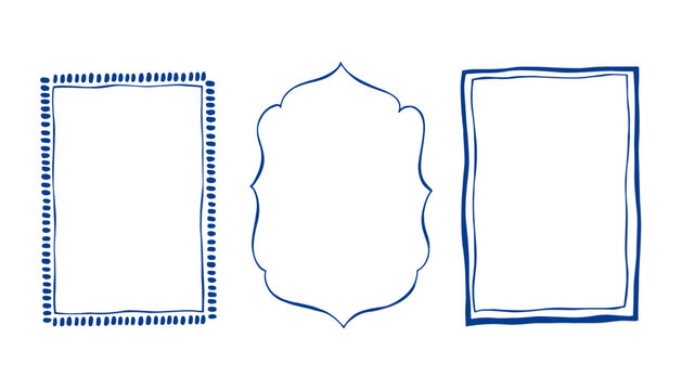 Mediterranean whimsical blue coastal vector frames. Hand Drawn borders for summer greek mediterranean invitation, holiday greetings and birthday card	