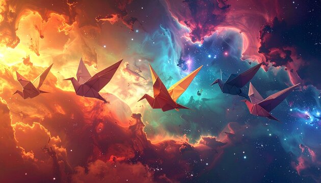 Paper Cranes Soaring Through a Celestial Dreamscape - A Journey of Hope.