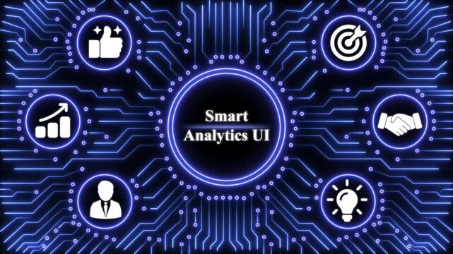 Smart analytics ui concept featuring glowing blue circuitry lines and circular on a dark background