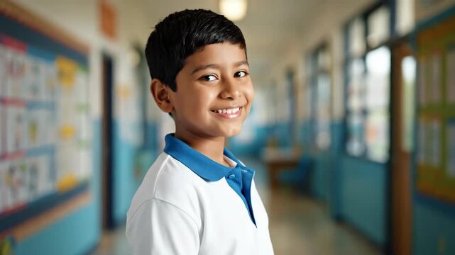 A young boy smiles radiantly. He wears a blue-collared shirt. A school hallway forms the backdrop