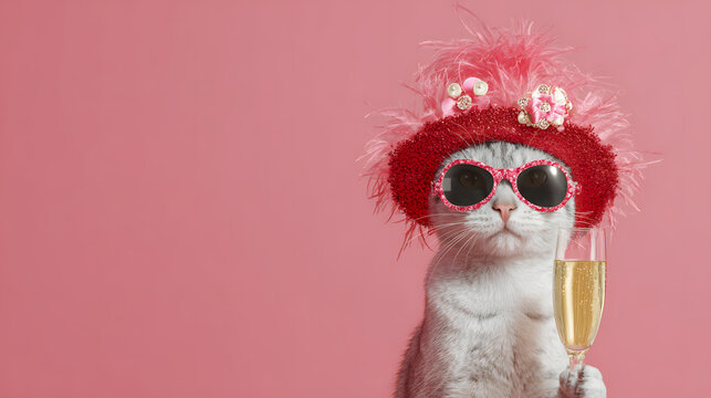 Funny and glamorous gray cat dressed in a fancy pink feathered hat and stylish sunglasses holding a glass of champagne while posing against a solid pink background for celebrations.