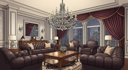 Obraz premium Elegant dining room with chandelier and fireplace.