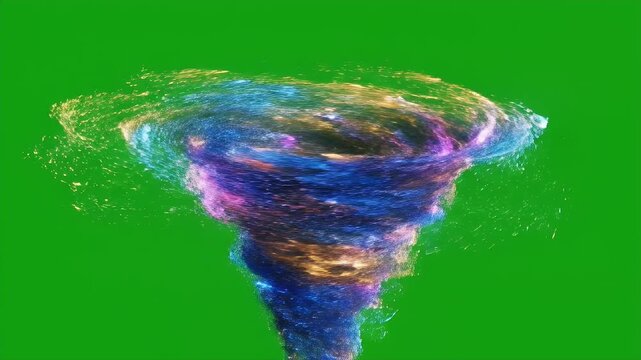 Rotating Abstract Particle Tornado on Green Screen - A vibrant swirling tornado effect composed of colorful particles against a chroma key green screen background.