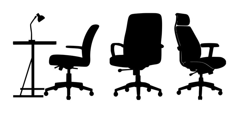 Home office chair set with solid black icon on white background featuring ergonomic, minimalistic, black silhouette with comfort and lumbar support