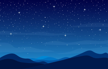 Fototapeta premium Fantasy Night Sky with Stars over Mountain Silhouettes Background, Blue Starry Landscape Illustration Vector