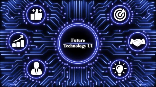 Future technology ui concept with glowing blue circuitry background and business