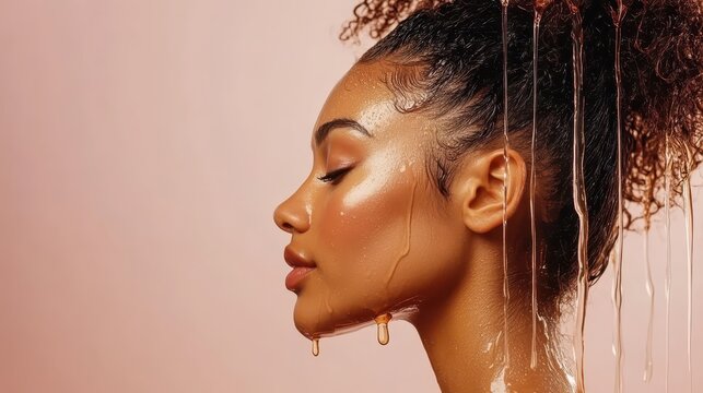 Profile of a beautiful person with coily wet hair. Golden liquid drips down their glowing face and smooth skin.