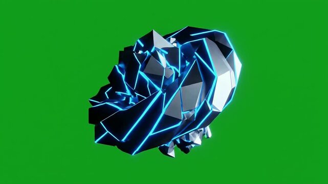 Rotating Abstract Polygon on Green Screen - A dynamic abstract polygon with sharp, angular facets and glowing blue edges set against a chroma key green background.