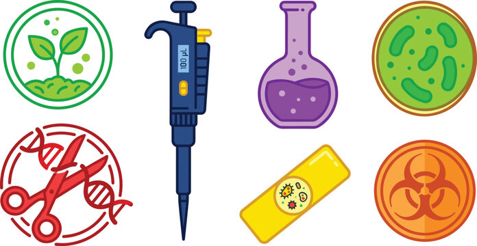Biotechnology and Genetic Engineering Vector Icon Set Featuring Plant Sprout, Pipette, Flask, Petri Dish, Crispr Gene Editing Scissors, Microscope Slide, and Biohazard Symbol