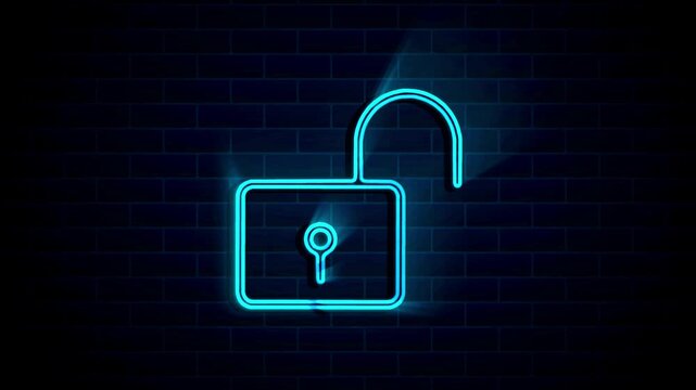 Open lock neon glowing line animation on brick wall background.