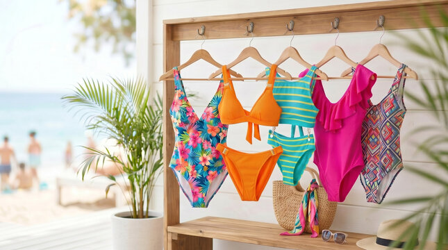 Display of various swimwear styles on rack by the beach