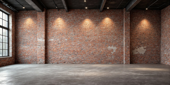 Empty Industrial Loft Brick Wall An empty, spacious loft interior featuring a textured red brick wall and dark wooden floor