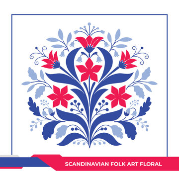 Scandinavian folk art floral design traditional blue and red motif