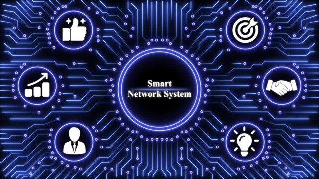 Smart network system concept with glowing blue circuitry background and business