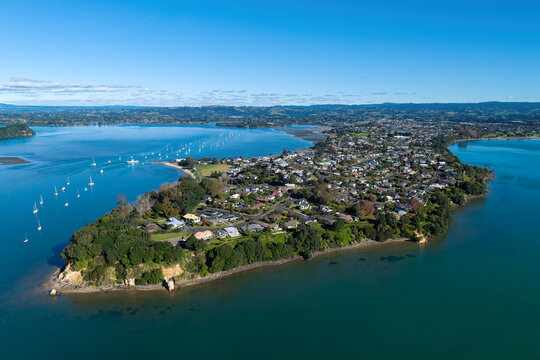Aerial view of Omokoroa, a small town on a peninsula in the Bay of Plenty, New Zealand