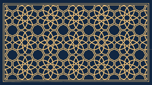 Intricate gold geometric pattern on dark blue background for design