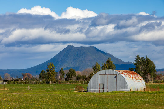 Mount Edgecumbe (Putauaki) near Kawerau in the Bay of Plenty, New Zealand. In the foreground is a Quonet-style barn