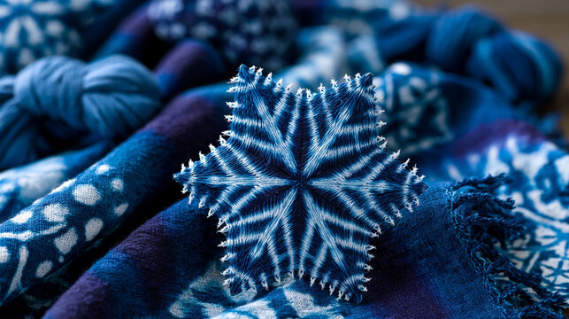 Indigo-dyed shibori resist fabric unfolded and arranged flat, geometric snow-fold triangle pattern revealed in negative space between saturated woad fields, collection and variety of tied resist tec