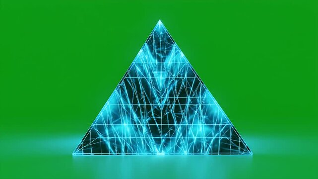 Glowing Holographic Pyramid on Green Screen - A digitally video holographic pyramid glows softly in a radiant blue against a chroma key green screen.