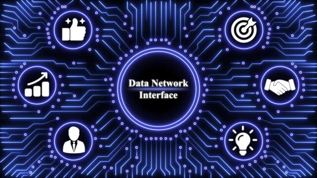 Data network interface display with glowing blue circuitry background