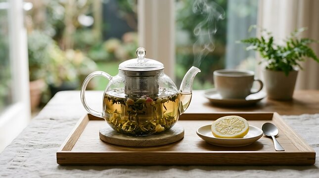 Herbal tea in glass teapot and cup on wooden serving tray with infusion