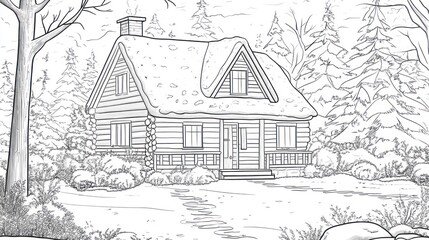 Obraz premium Cozy cabin in snow-covered woods, peaceful coloring activity, winter wonderland backdrop