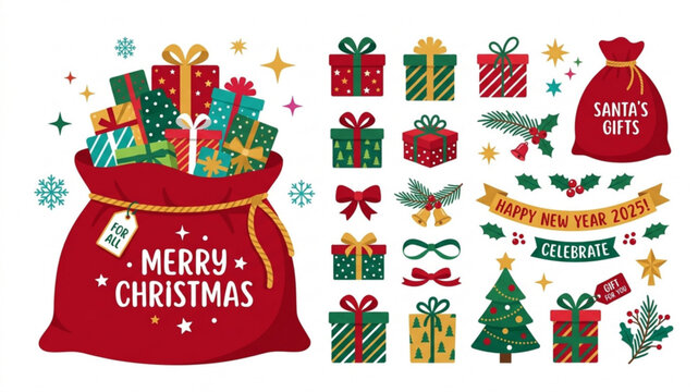 Christmas Santa sacks filled with gift boxes holiday vector collection isolated on white