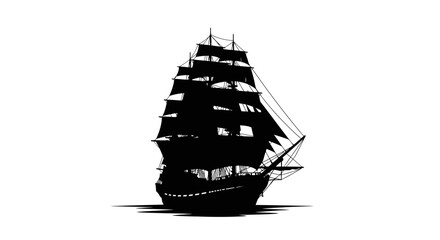 Black Silhouette of an Old Sailing Ship with Full Sails, Isolated on White © Langsung
