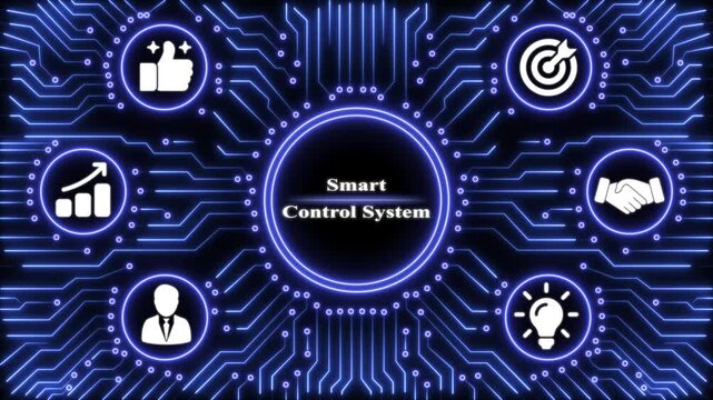 Smart control system concept with glowing blue circuit board lines and digital on a dark background for technology networking