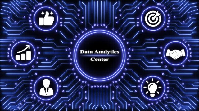 Glowing blue circuit board pattern with data analytics center text and