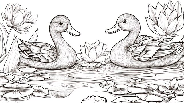 Ducks facing each other in pond, lilies, nature, coloring book illustration