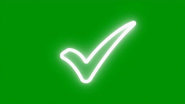 Glowing Checkmark on Green Screen - A luminous white checkmark appears prominently on a bright green background.