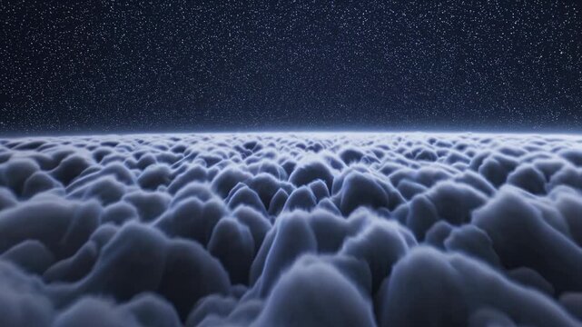 Expansive view of fluffy clouds illuminated by starlight against a dark night sky, showcasing a serene atmosphere above the cloud layer in a tranquil setting