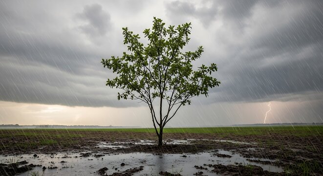 Solitary tree standing on a rocky desert plain.