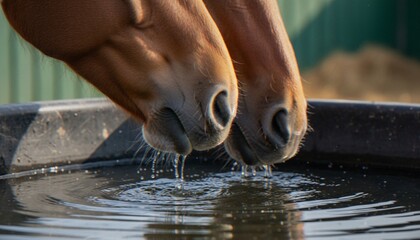 Two brown horses drinking refreshing water from a large black trough on a sunny day. © Varos