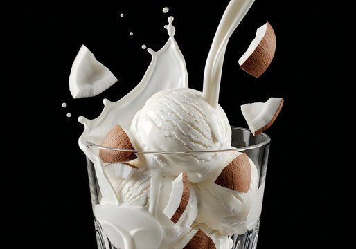 Coconut cream ice cream splash in glass studio lighting dark background