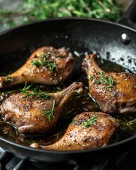 Fototapeta premium Succulent roasted chicken legs seasoned with herbs, sizzling in a skillet for a flavorful meal.