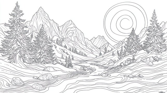 Mountain valley river sunrise coloring page