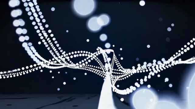 Abstract light patterns with glowing white dots flowing in waves against a dark background, creating a mesmerizing visual effect in a continuous motion sequence