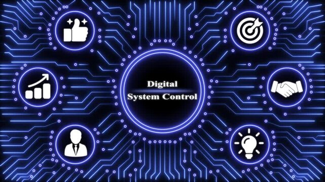 Digital system control interface with glowing blue circuitry lines and business on a dark background for technology presentations