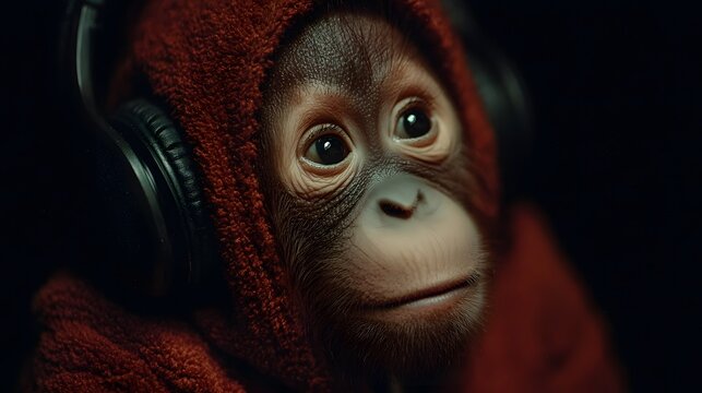 Baby Orangutan Wearing Headphones and Red Hooded Fleece