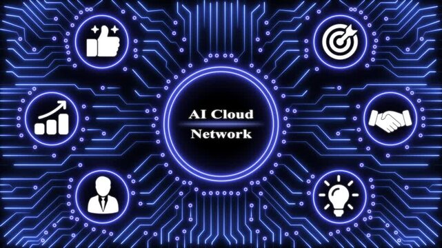 Ai cloud network concept with glowing blue circuit board background and business