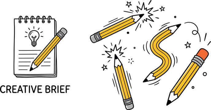 Creative Brief Vector Icon Set with Pencils Notebook and Idea Bulb Symbols for Brainstorming Studio Work Marketing Agency and Design Projects