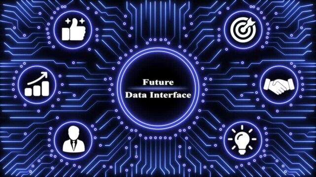 Future data interface concept with glowing blue circuit board background and business